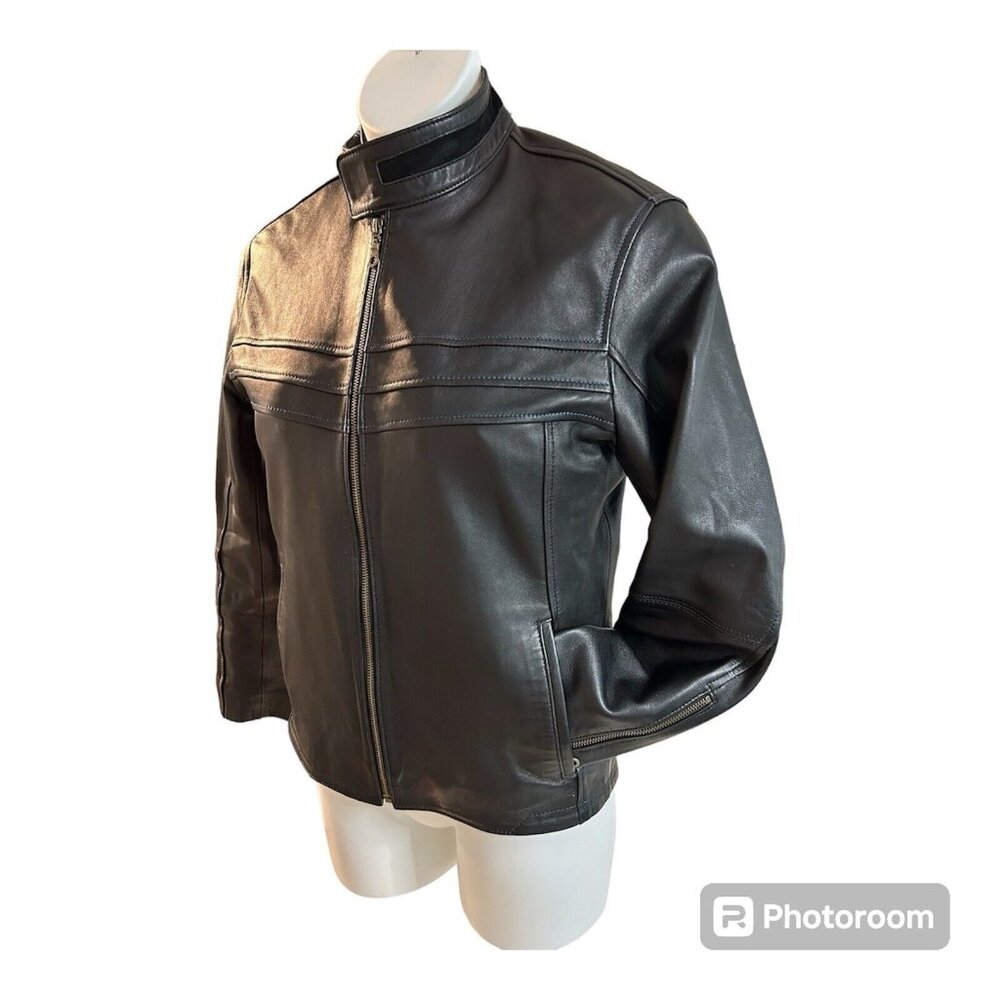 Vtg Pops Black Soft Leather Jacket Full Zip Blue Stitching Unisex Medium Large - Picture 2 of 12